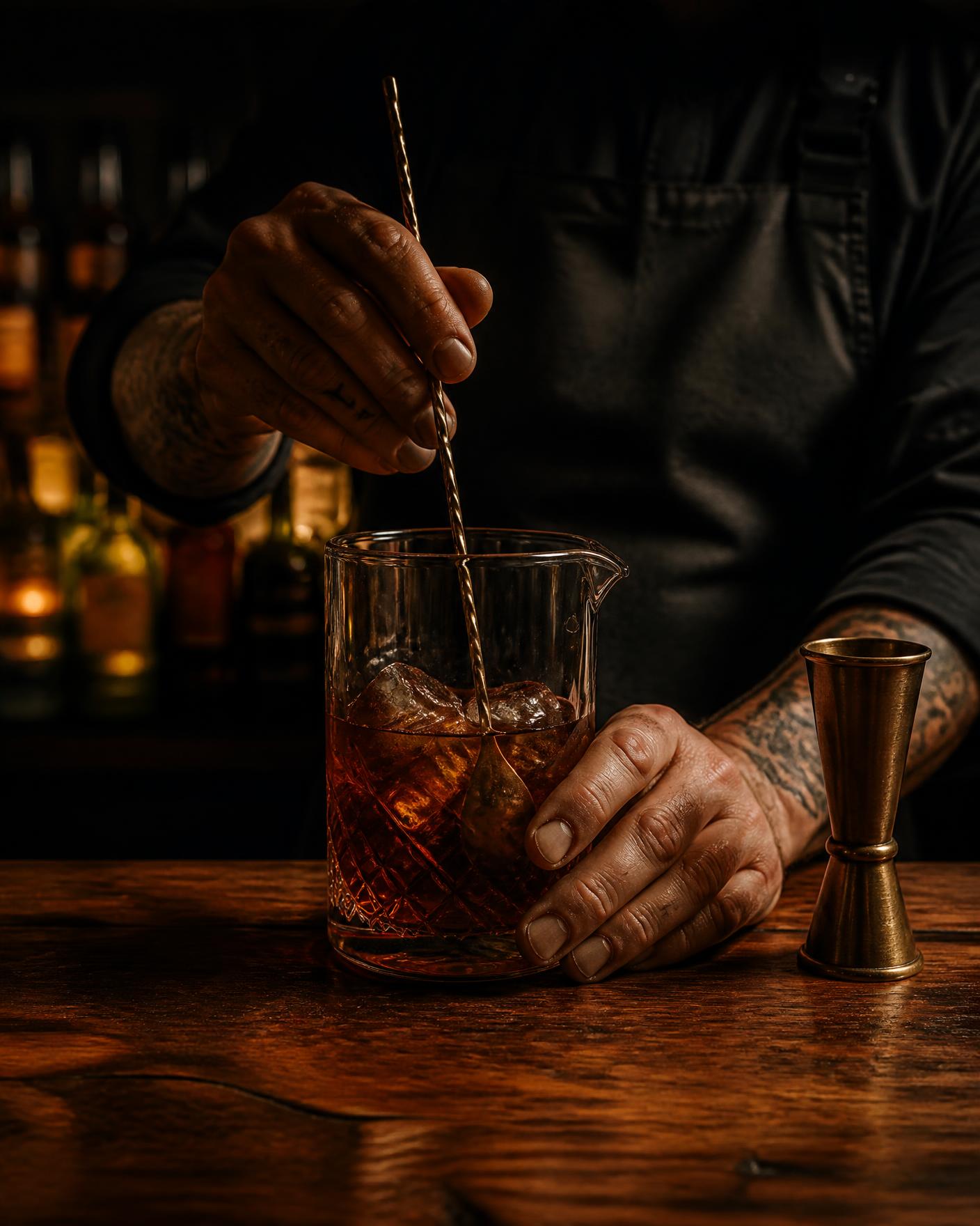 A bartender stirring a dark amber drink over a walnut bar