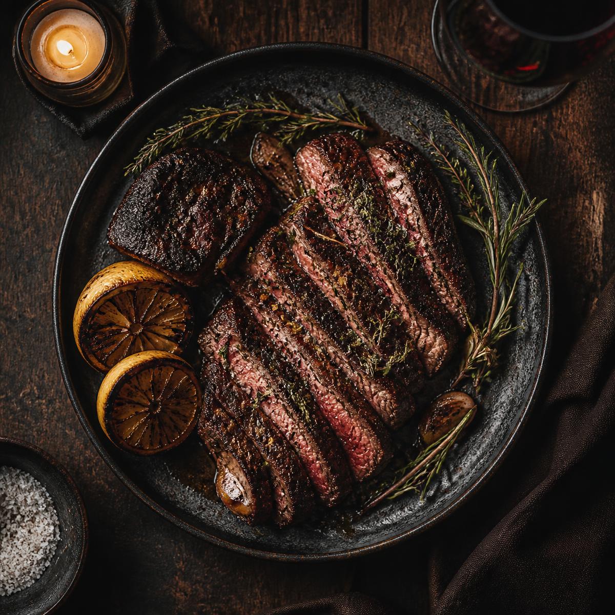 Sliced wood-fired steak with herbs and burnt lemon
