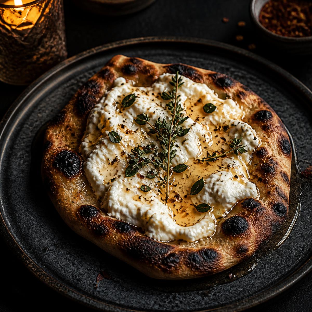 Charred flatbread with whipped ricotta and honey