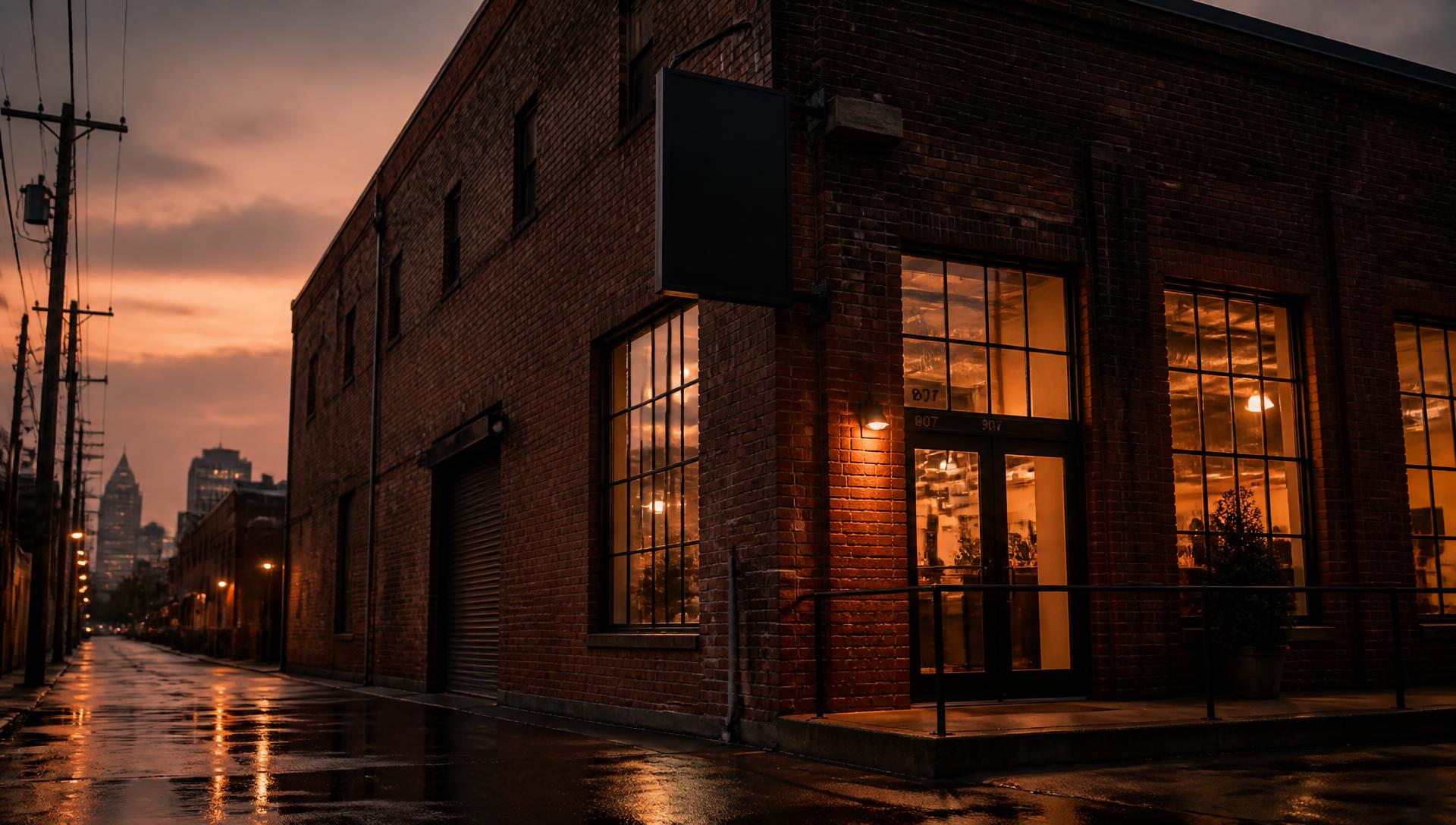 Brick warehouse facade glowing at dusk