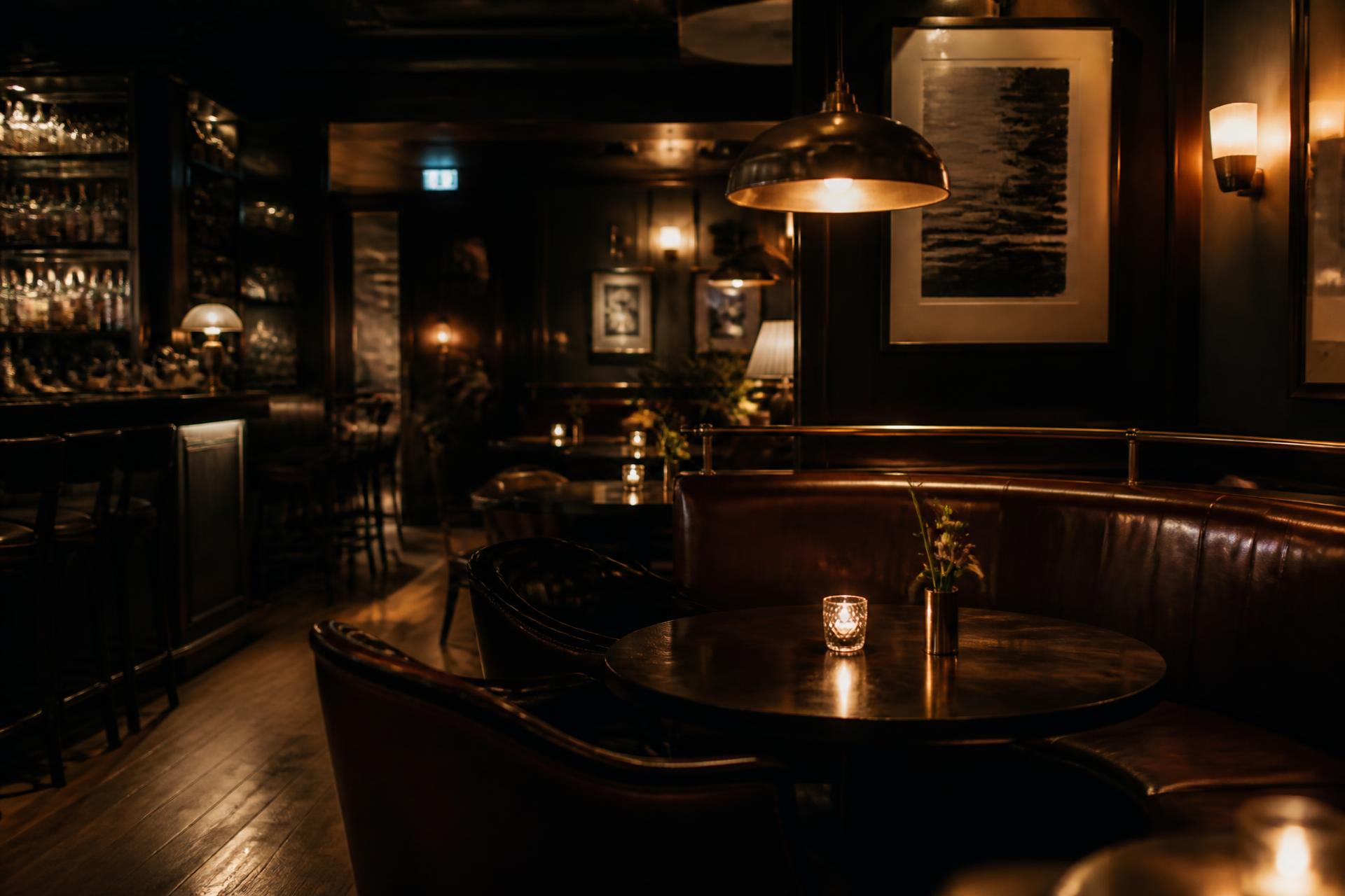 Candlelit banquettes and warm pendant lighting inside the lounge